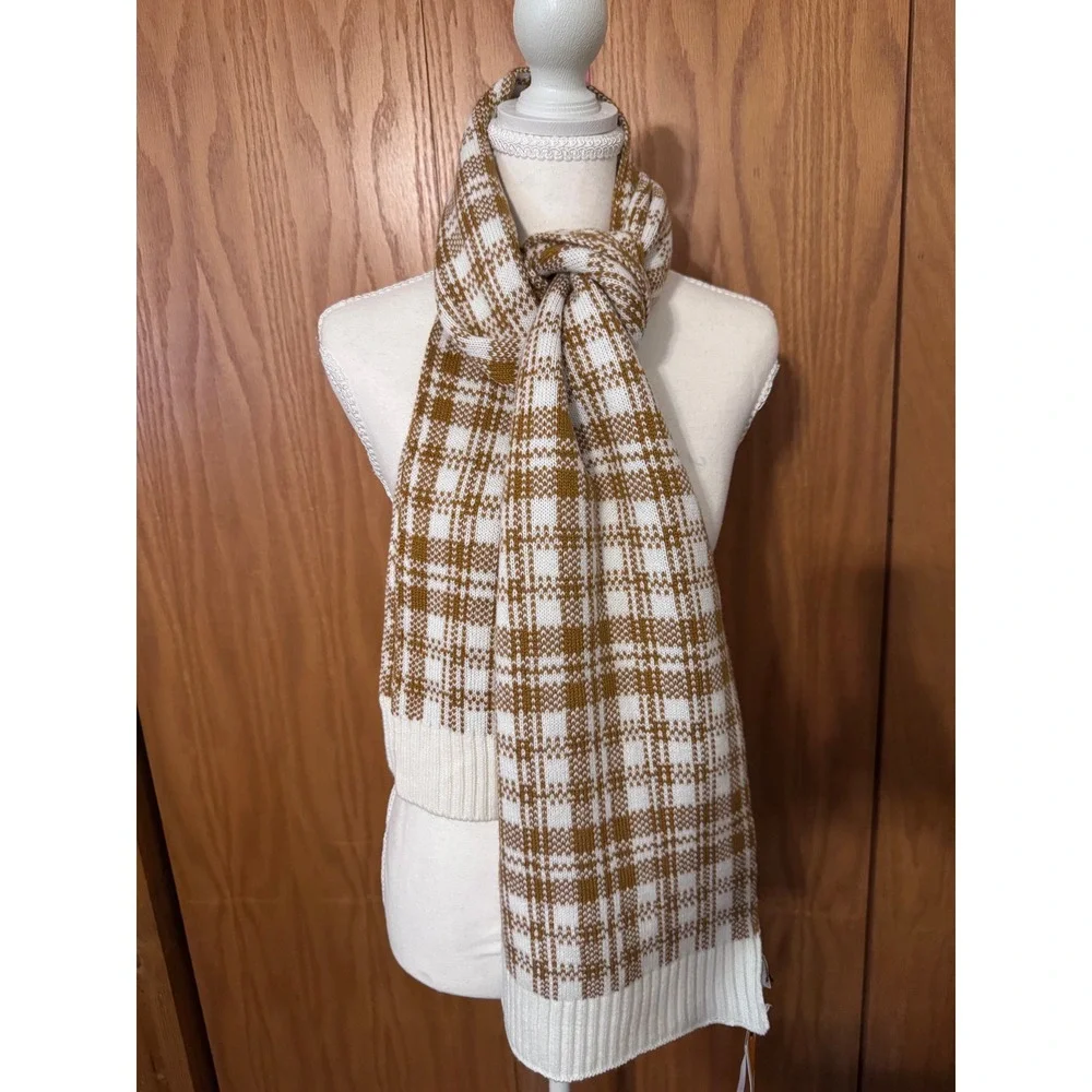 Timberland Brown and White Plaid Knit Scarf